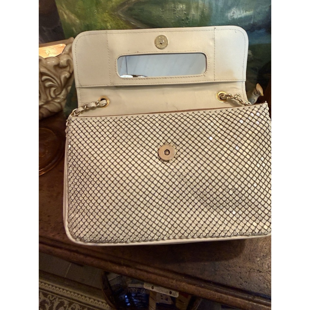 Vintage Whiting & Davis White Metal Mesh Purse Gold Chain Shoulder Bag 10.5" - Picture 5 of 15